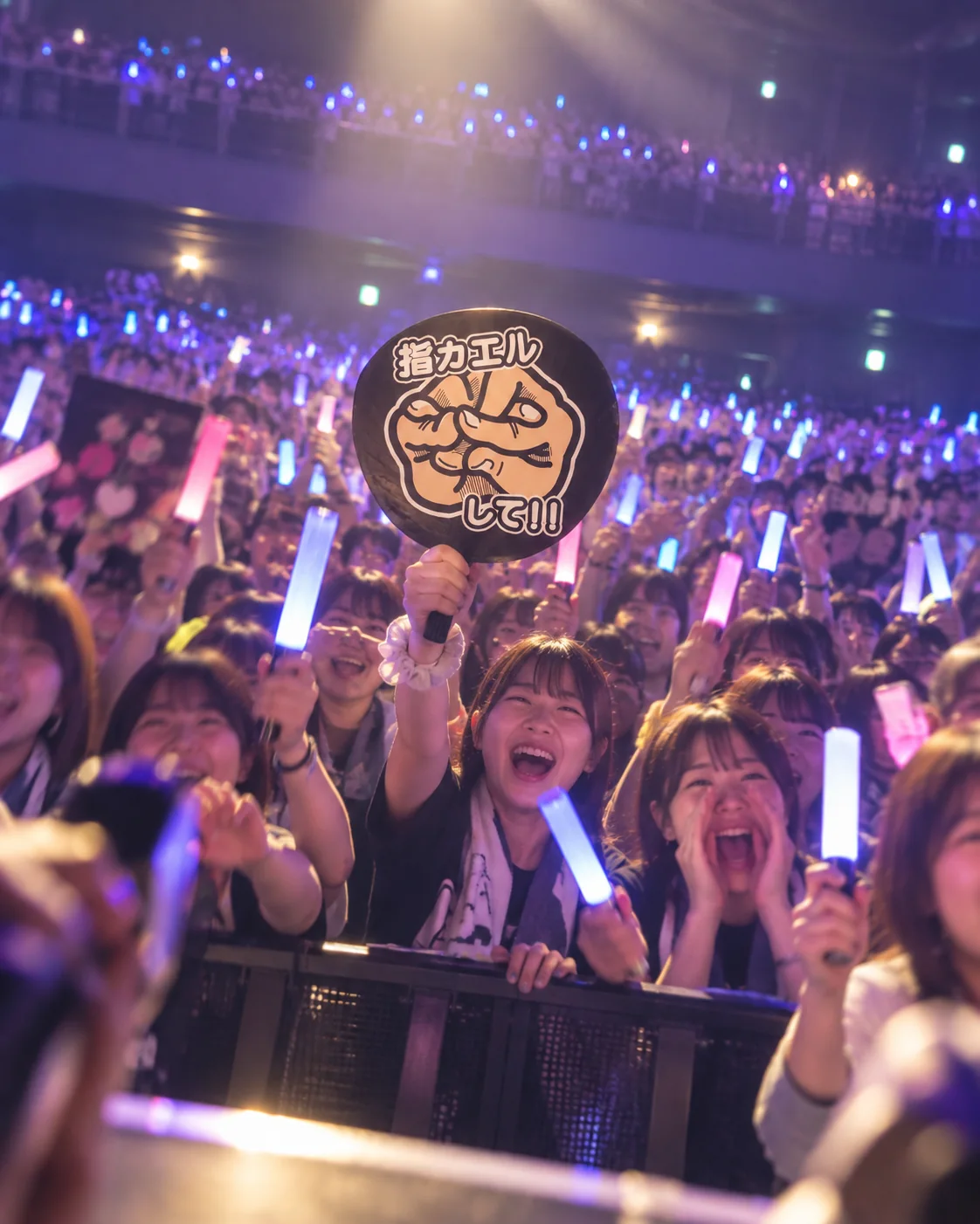 ライブ会場で『指カエルして!!』うちわを掲げる推し活の使用イメージ