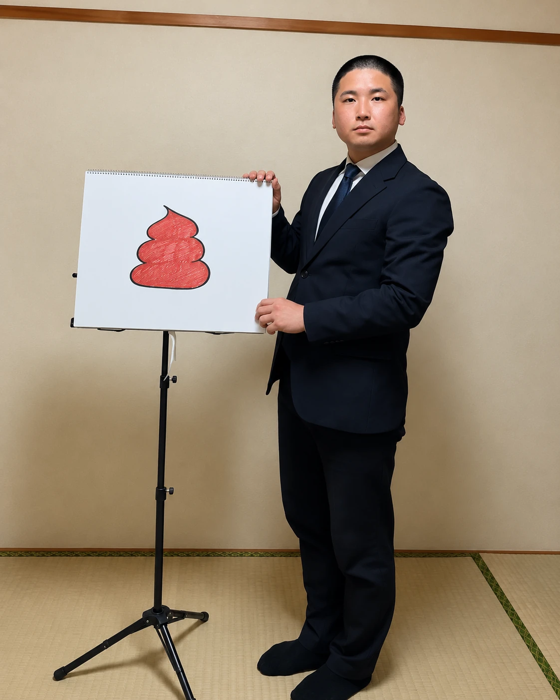 「うんこイラスト」を示すスケッチブックを持つ繁田健太