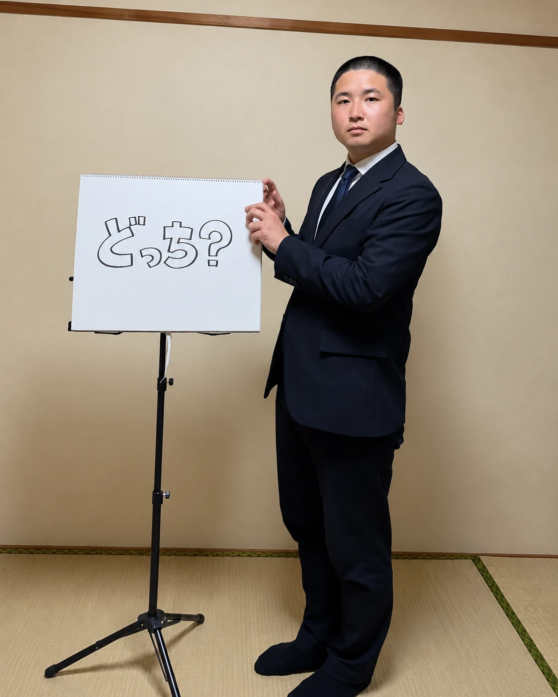 「どっち？」を示すスケッチブックを持つ繁田健太